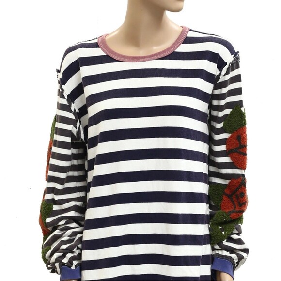 Free People We The Free Rose Stem Tee Tunic Top Embroidered Striped S NEW 283225 - Picture 6 of 8